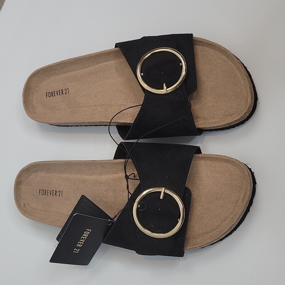 Forever 21 Black Slides Gold Buckle New Size 8 - Picture 2 of 9